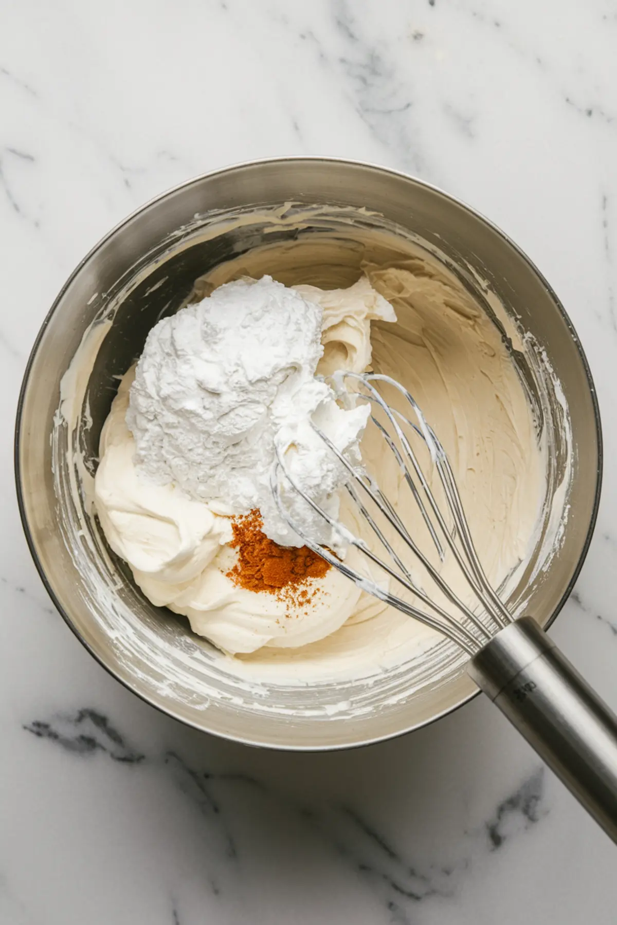 Stainless steel mixing bowl containing whipped cream, powdered sugar, and cinnamon with a metal whisk, highlighting a spiced whipped filling preparation for dessert rolls.

