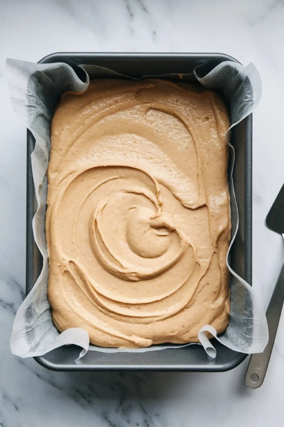 Rectangular baking pan lined with parchment paper, filled with swirled light brown cake batter ready to bake, set on a white marble surface for a clean baking process visual.
