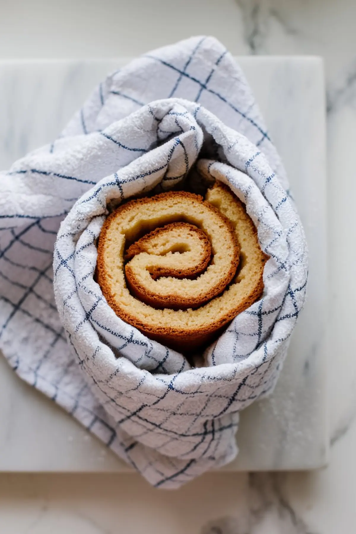 Close-up of a freshly baked sponge cake rolled in a kitchen towel with blue grid pattern, cooling on a marble surface in preparation for a cake roll dessert.
