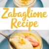 Collage showing a creamy zabaglione dessert served in a glass cup topped with fresh sliced strawberry and lemon zest, followed by a close-up of a spoonful of the custard, emphasizing its airy, silky texture and pale golden color.