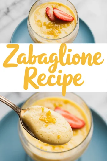 Collage showing a creamy zabaglione dessert served in a glass cup topped with fresh sliced strawberry and lemon zest, followed by a close-up of a spoonful of the custard, emphasizing its airy, silky texture and pale golden color.