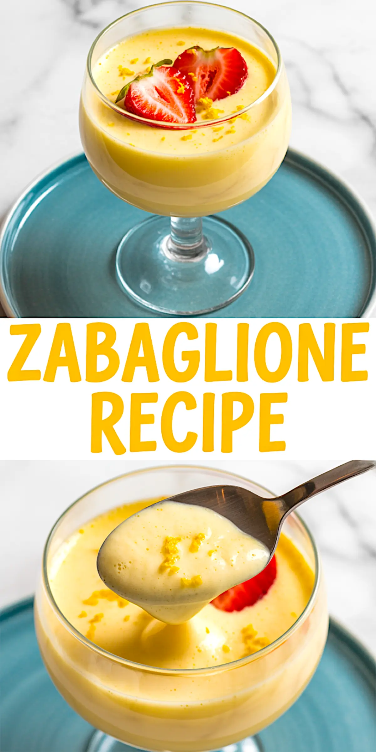 Collage featuring a chilled zabaglione dessert in a coupe glass garnished with strawberry halves and lemon zest, followed by a detailed spoonful view, showcasing the light, mousse-like consistency and vibrant citrus topping.