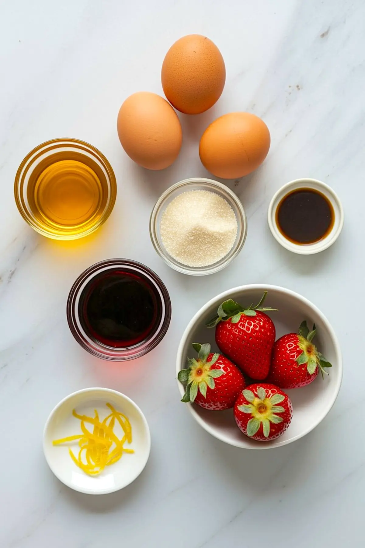 Overhead image of zabaglione ingredients on a marble surface including fresh strawberries, lemon zest, eggs, sugar, vanilla extract, sweet wine, and a golden liquid, arranged in small glass and ceramic bowls for a vibrant dessert prep layout.