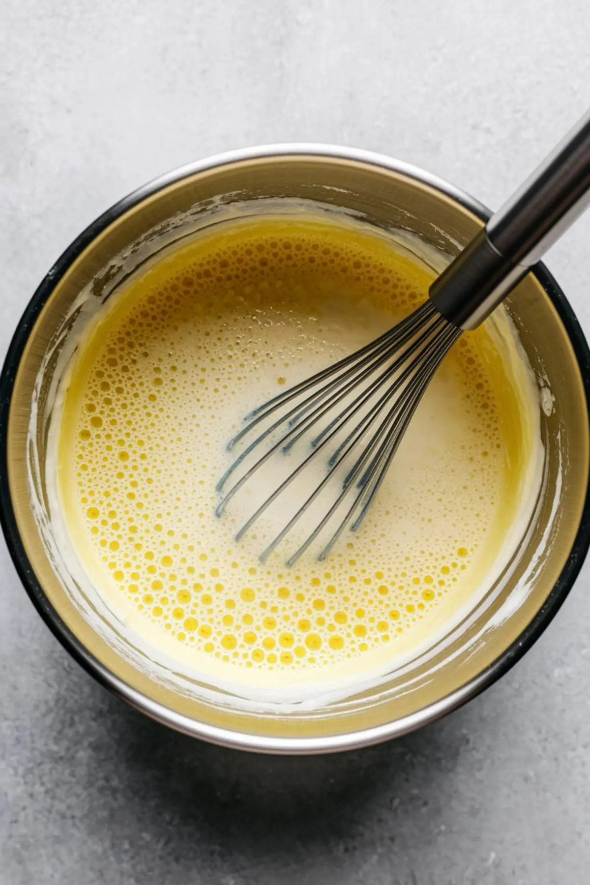 Close-up of a mixing bowl filled with frothy zabaglione custard in the making, with a stainless steel whisk resting inside the pale yellow, bubbly mixture on a grey background.