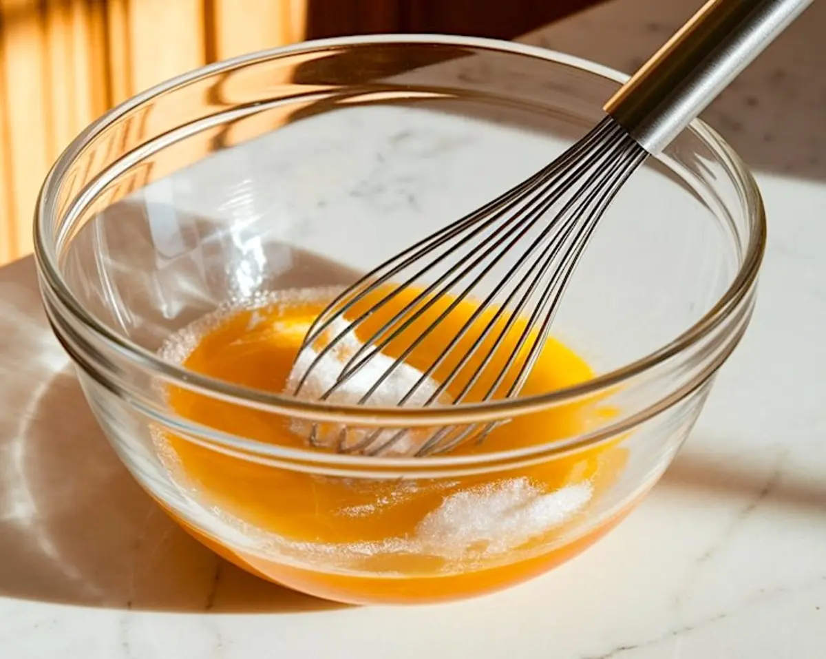 Glass bowl of zabaglione mixture being whisked with granulated sugar and egg yolks, bathed in warm natural light on a marble countertop, highlighting the smooth texture and glossy finish.