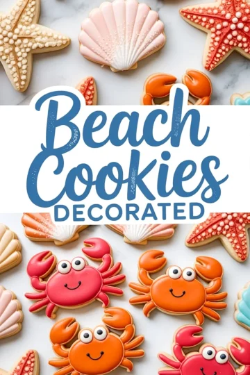 Decorated sugar cookies shaped like starfish, seashells, and smiling crabs in red and orange icing with a central “Beach Cookies Decorated” text banner.