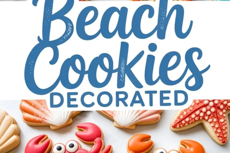 Decorated sugar cookies shaped like starfish, seashells, and smiling crabs in red and orange icing with a central “Beach Cookies Decorated” text banner.