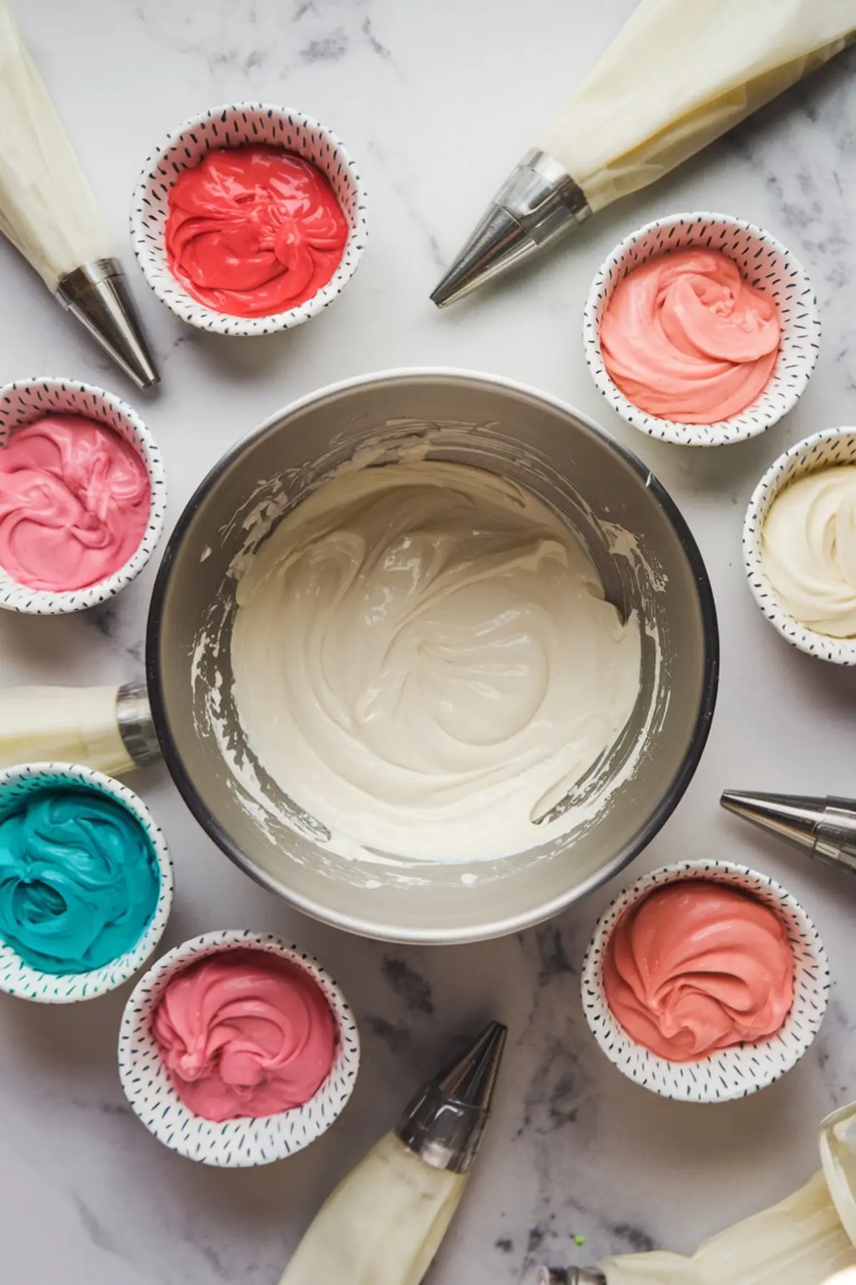 Mixing station with bowls of colored royal icing in teal, pink, red, and white, surrounded by piping bags and a metal bowl with white icing in the center.