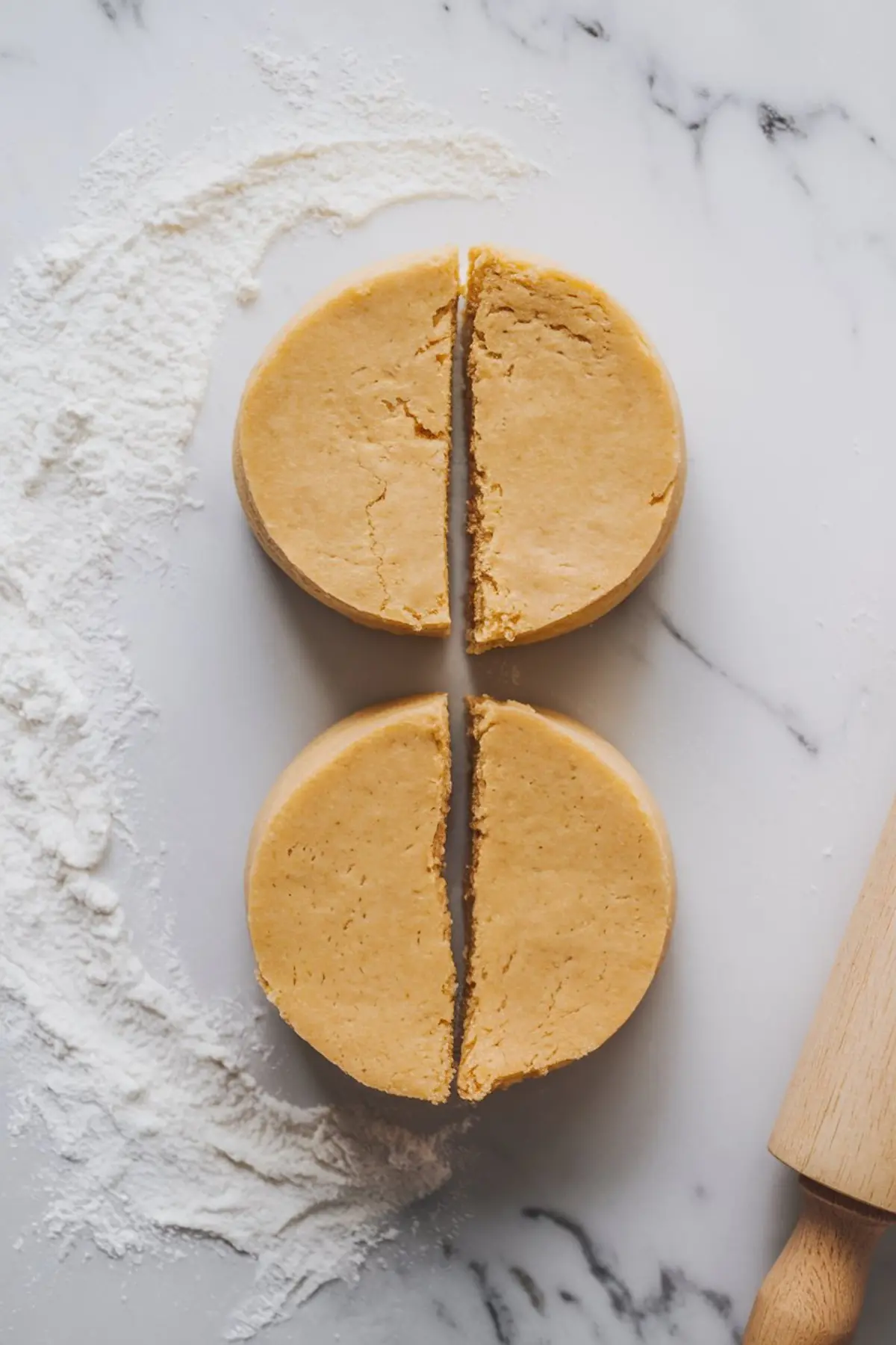 Cookie dough divided into quarters on a floured surface with a rolling pin nearby, ready for shaping and cutting.