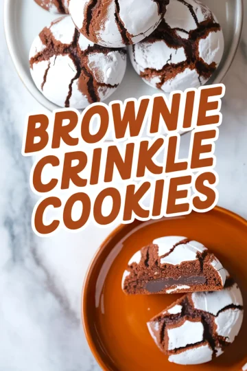 Vertical Pinterest graphic shows brownie crinkle cookies: a plate piled high, bold title text “Brownie Crinkle Cookies,” and a halved cookie on an orange plate revealing gooey center.