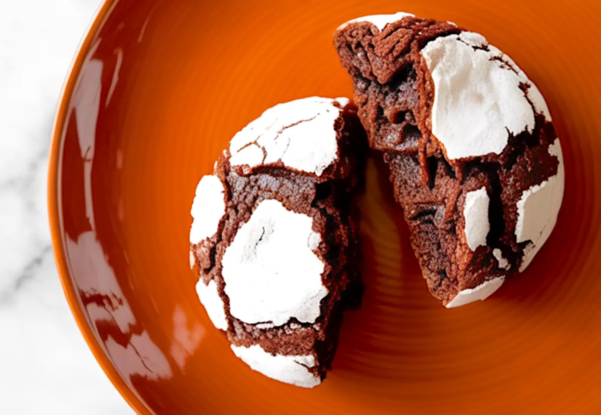 Close-up of a brownie crinkle cookie split on an orange plate reveals soft fudgy middle against crisp powdered sugar crust.