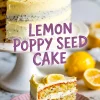 Collage image featuring a close-up of a lemon poppy seed cake with creamy frosting and lemon slice garnish, accompanied by a slice on a pink plate in front and bold text reading “Lemon Poppy Seed Cake.”