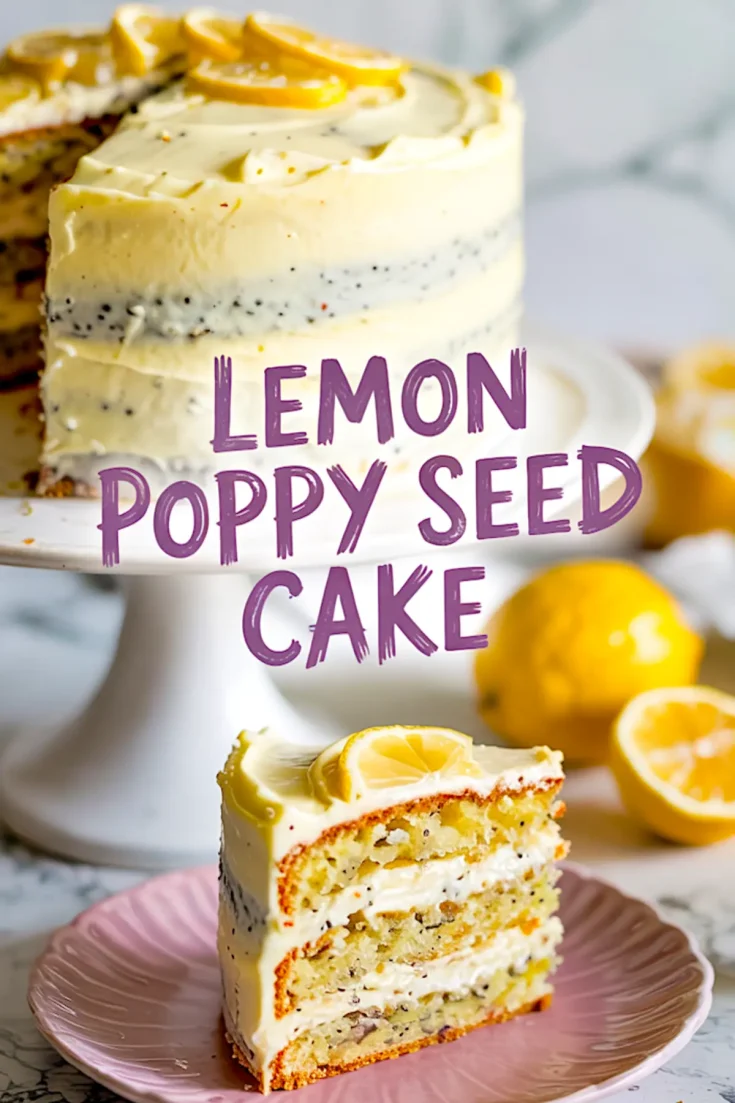 Collage image featuring a close-up of a lemon poppy seed cake with creamy frosting and lemon slice garnish, accompanied by a slice on a pink plate in front and bold text reading “Lemon Poppy Seed Cake.”