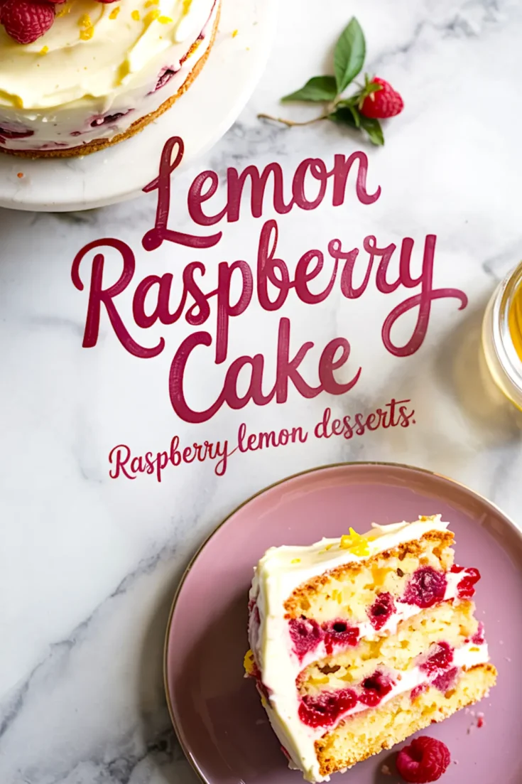 Lemon raspberry layer cake with cream cheese frosting and fresh raspberries on top, next to a slice on a mauve plate and raspberry-themed text overlay.