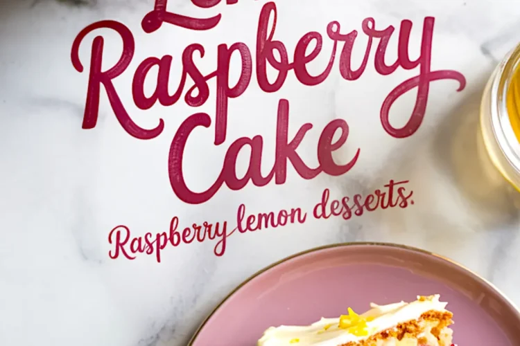 Lemon raspberry layer cake with cream cheese frosting and fresh raspberries on top, next to a slice on a mauve plate and raspberry-themed text overlay.
