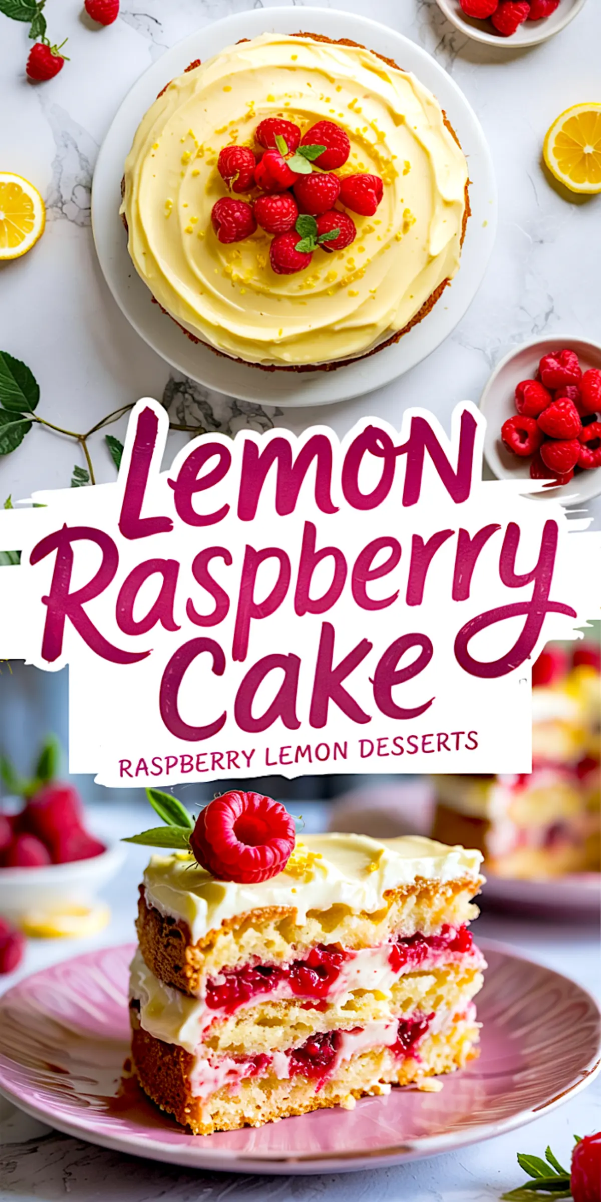 Collage of lemon raspberry cake topped with raspberries and a mint sprig, and a close-up slice on a pink plate, with bold recipe title text.
