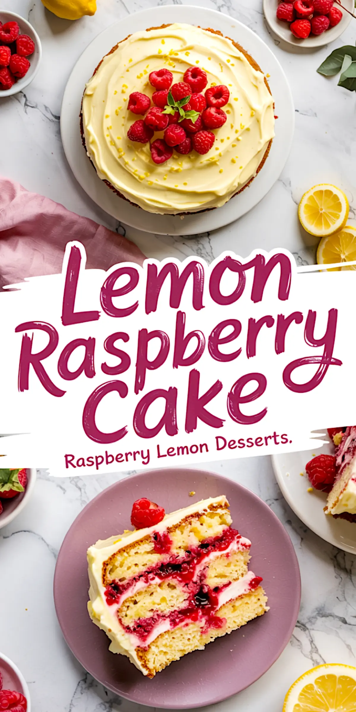  Collage image of frosted lemon raspberry cake with top-down view and a close-up slice, surrounded by lemon halves and fresh berries, with decorative recipe text.