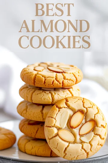 Stack of golden almond cookies with crackled tops and sliced almonds, with one cookie leaning against the stack, and text overlay reading “Best Almond Cookies” for recipe highlight.