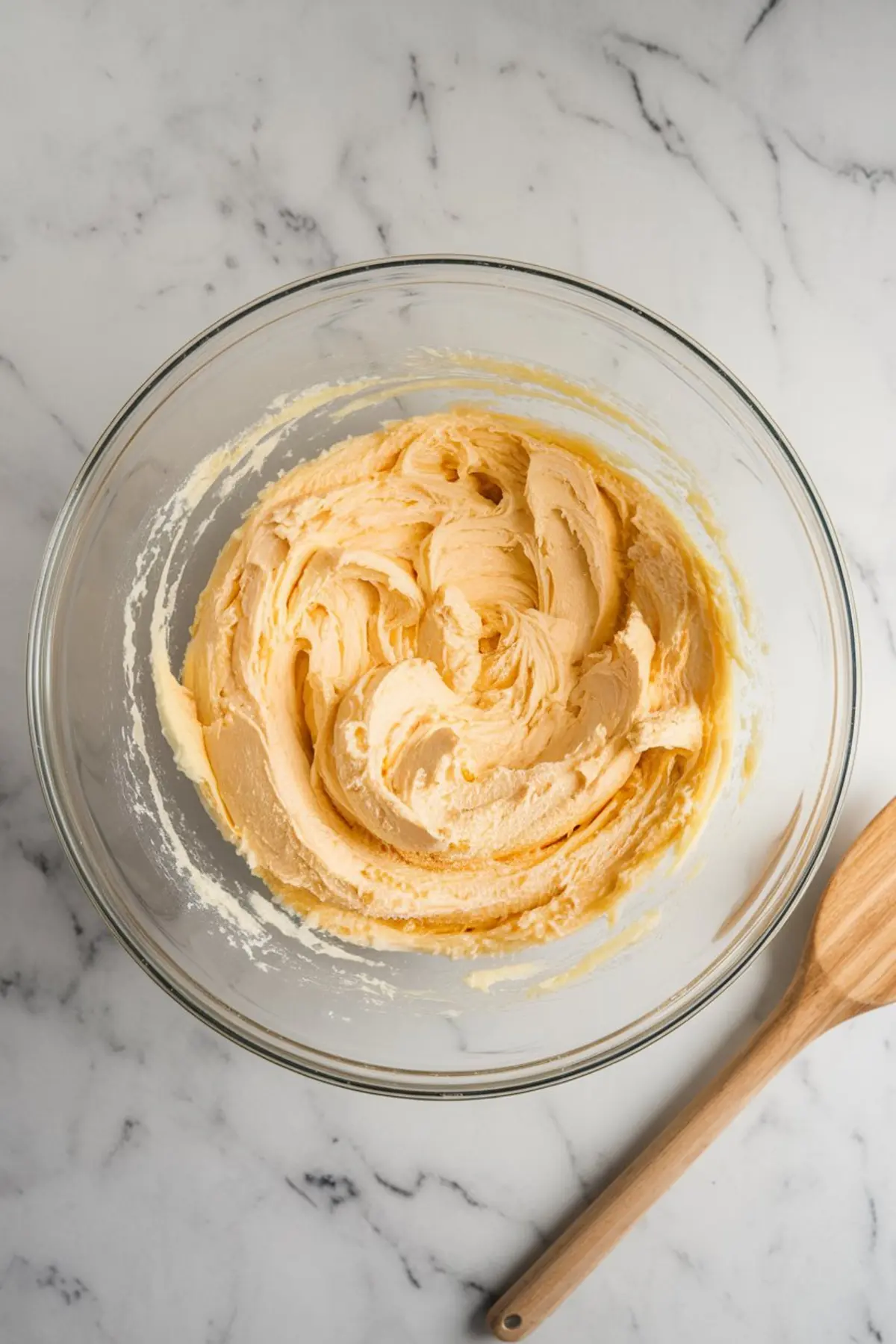Smooth and fluffy creamed butter and sugar mixture in a glass mixing bowl with a wooden spoon handle visible, set on a marble countertop.