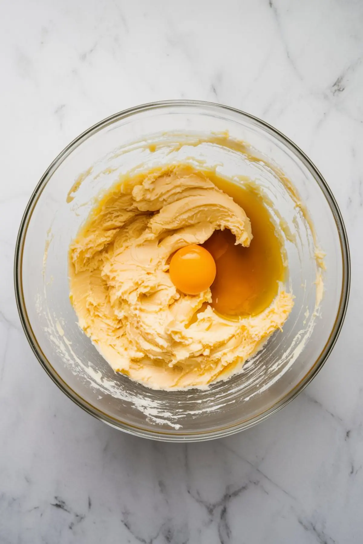 Glass mixing bowl with creamed butter and sugar mixture, featuring a whole egg and egg yolk in the center, on a white marble countertop.