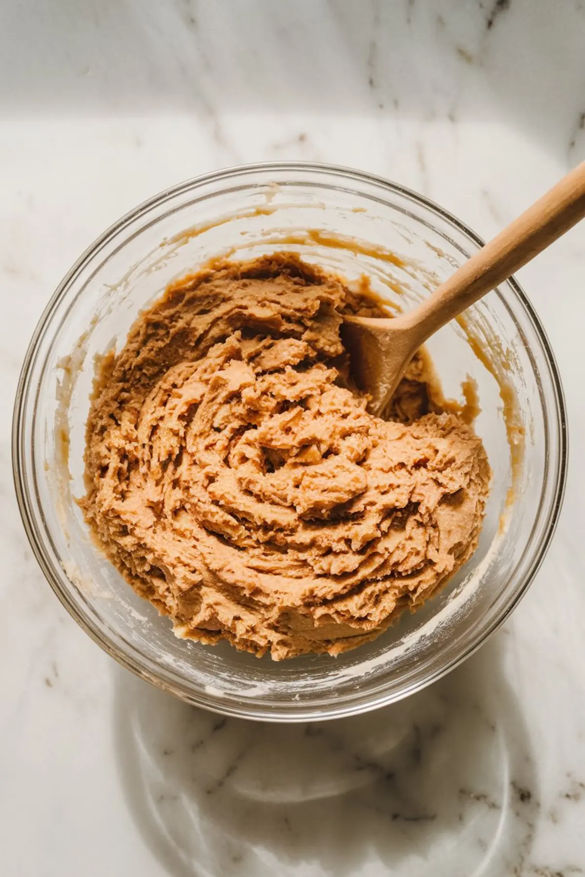 Thick cookie dough mixture blended in a glass bowl with a wooden spoon, showcasing creamy texture on a marble surface.