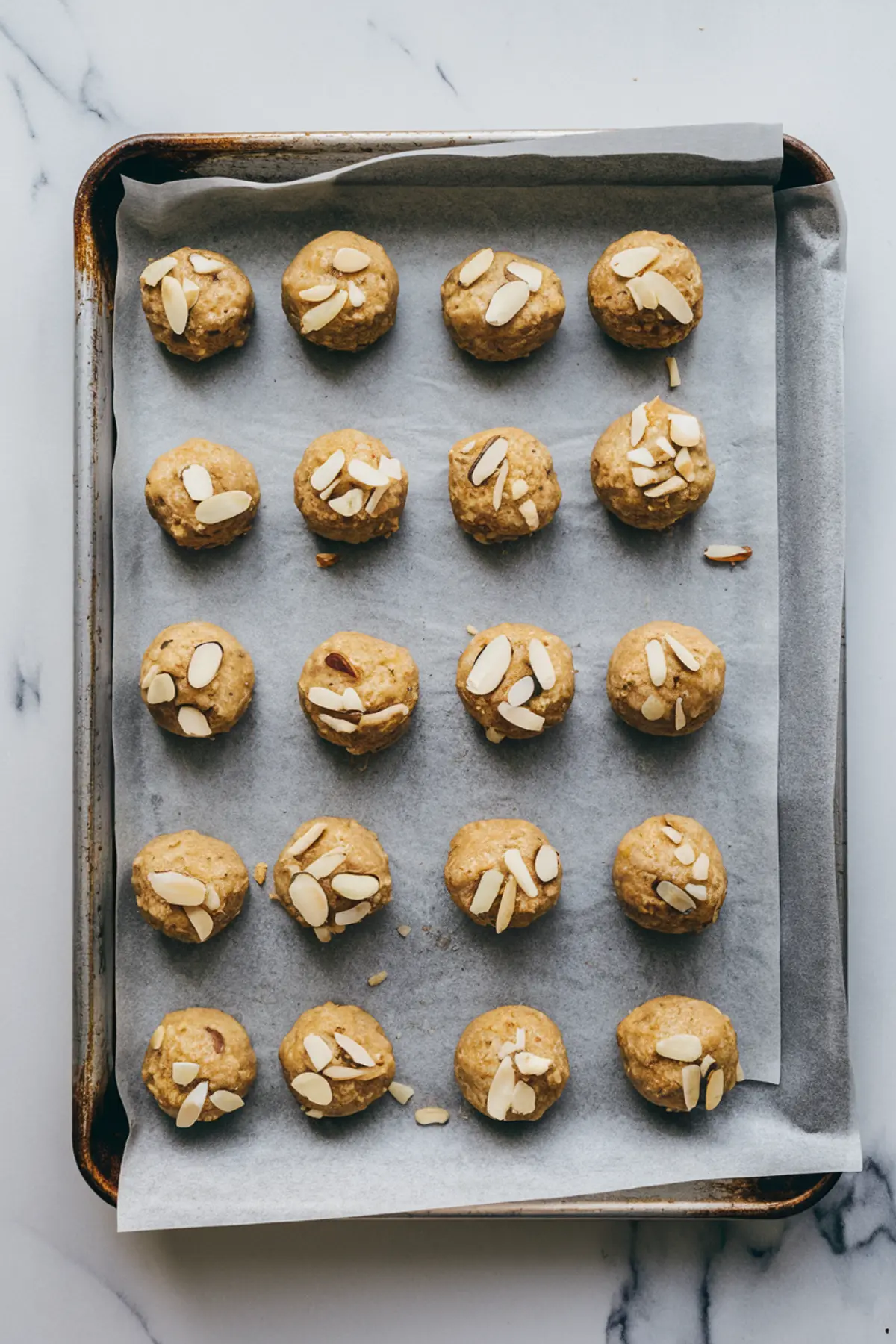 Unbaked almond cookie dough balls arranged on a parchment-lined baking tray, each topped with sliced almonds, ready for the oven.