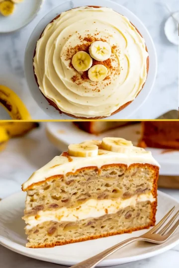 Close-up of a slice of banana cake with layers of cream cheese frosting and banana pieces, topped with banana slices, next to a full cake on a white plate.