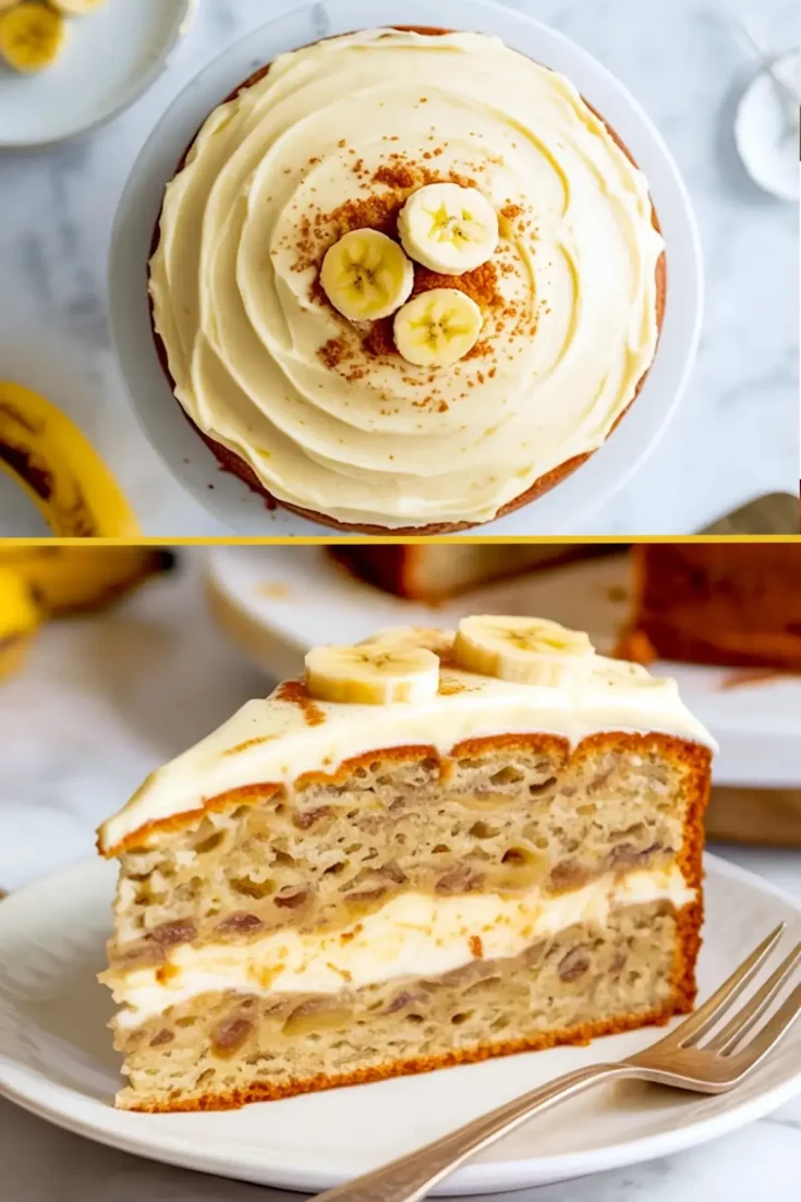 Close-up of a slice of banana cake with layers of cream cheese frosting and banana pieces, topped with banana slices, next to a full cake on a white plate.