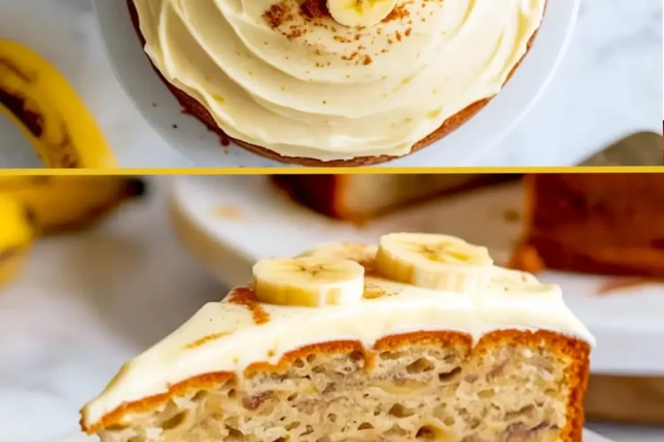 Close-up of a slice of banana cake with layers of cream cheese frosting and banana pieces, topped with banana slices, next to a full cake on a white plate.