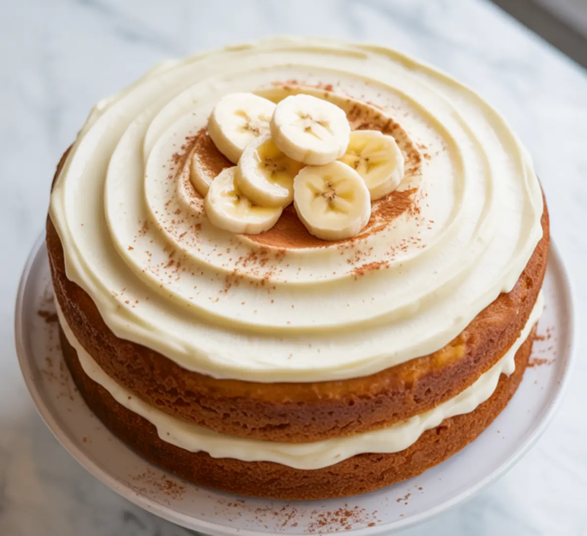 Two-layer banana cake with cream cheese frosting and fresh banana slices on top, displayed on a white cake stand over a marble surface.