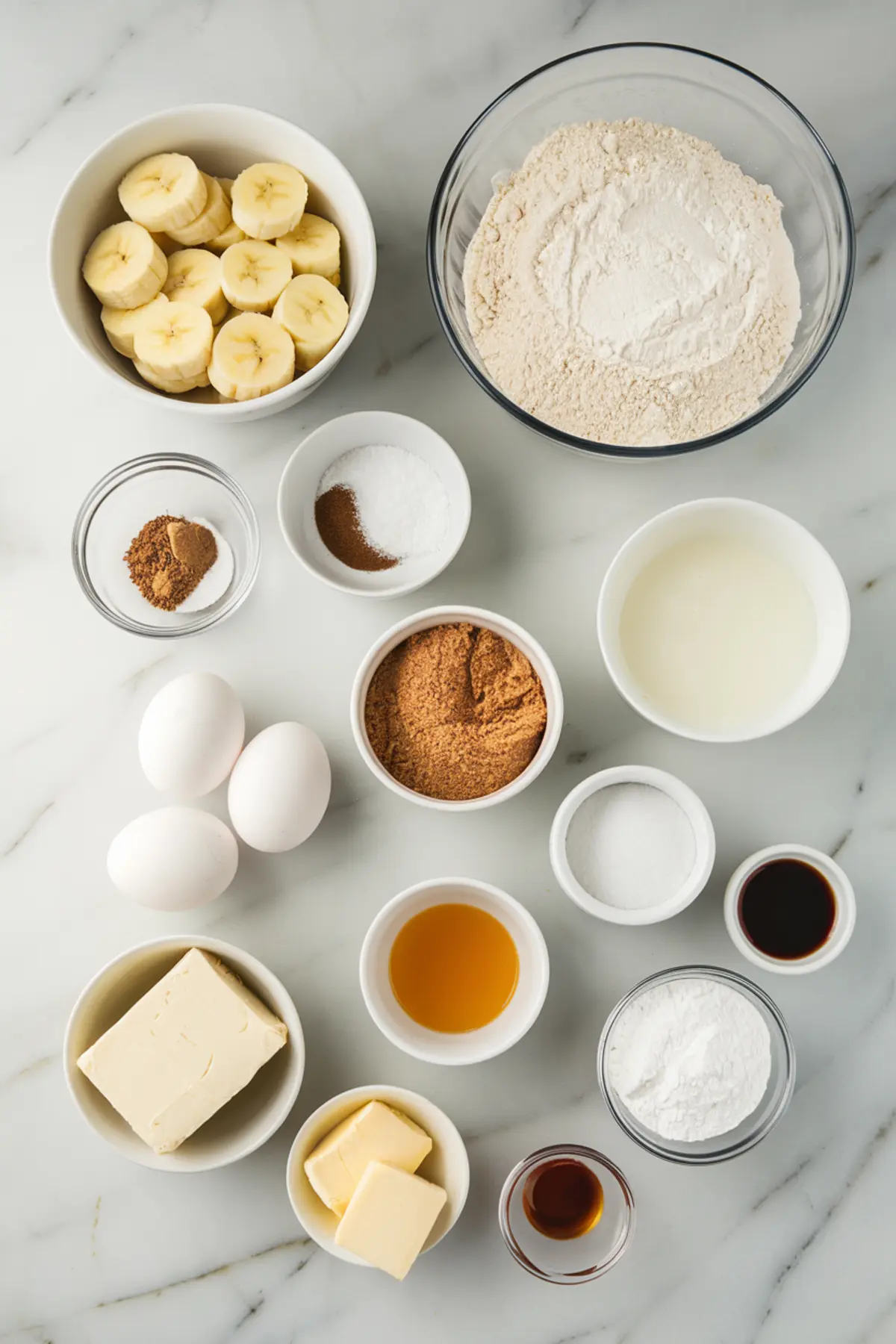 Flat lay of banana cake ingredients including sliced bananas, flour, eggs, butter, spices, sugar, and vanilla arranged on a white marble surface.