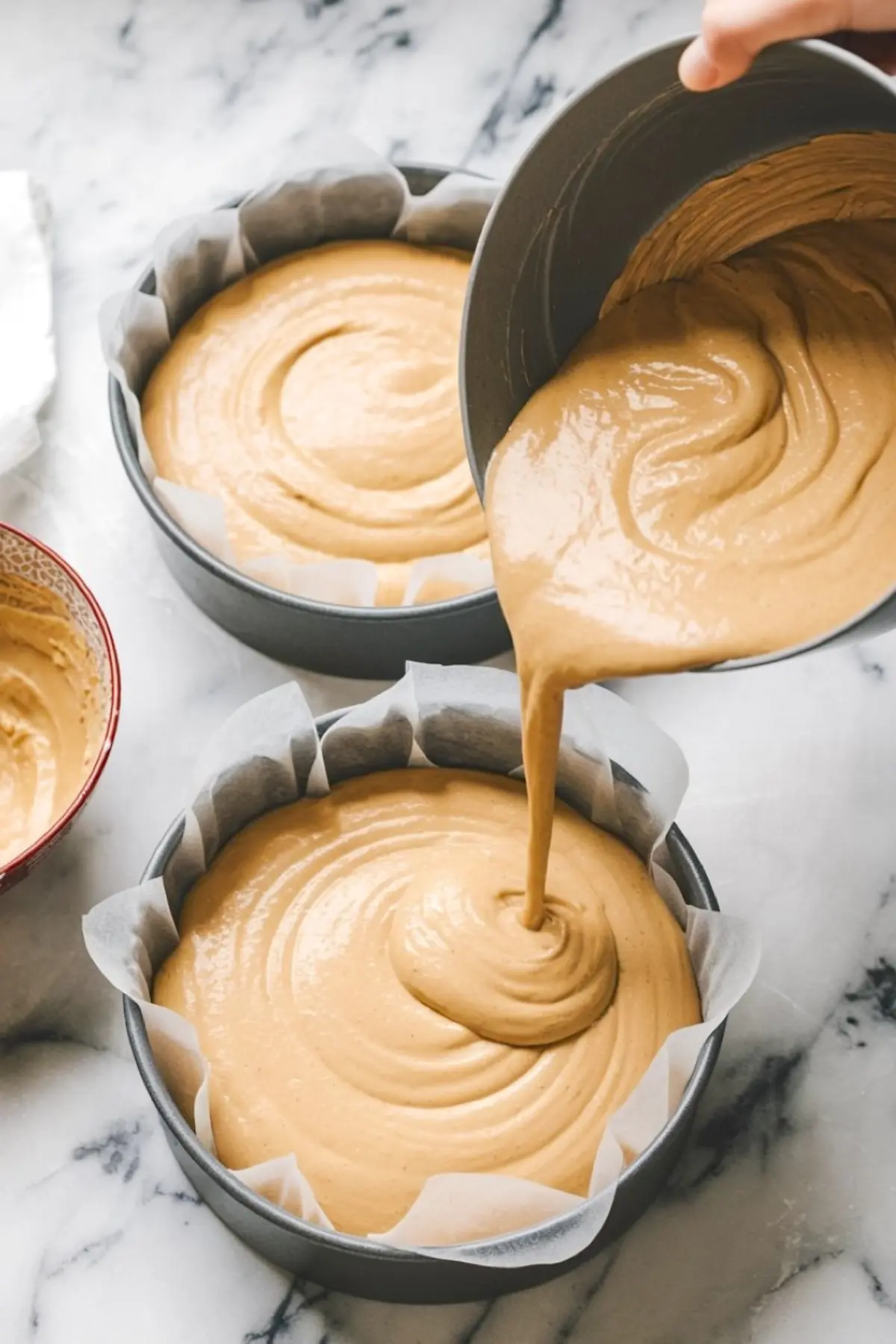 Batter being poured into round cake pans lined with parchment paper on a marble countertop, showing a step in banana cake preparation.