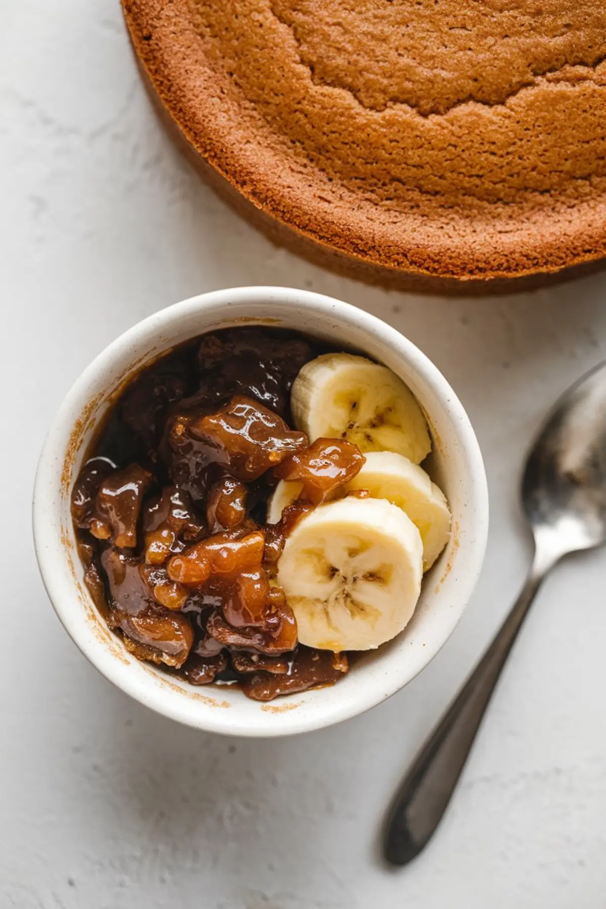 Small bowl of banana compote with sliced bananas next to a baked cake layer and metal spoon, capturing ingredients for a banana cake filling.