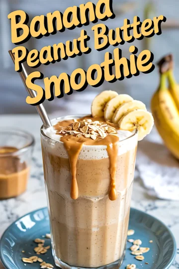 Glass of banana peanut butter smoothie topped with oats, sliced bananas, and drizzled peanut butter, served with a metal straw on a blue plate, with bananas and peanut butter in the background.