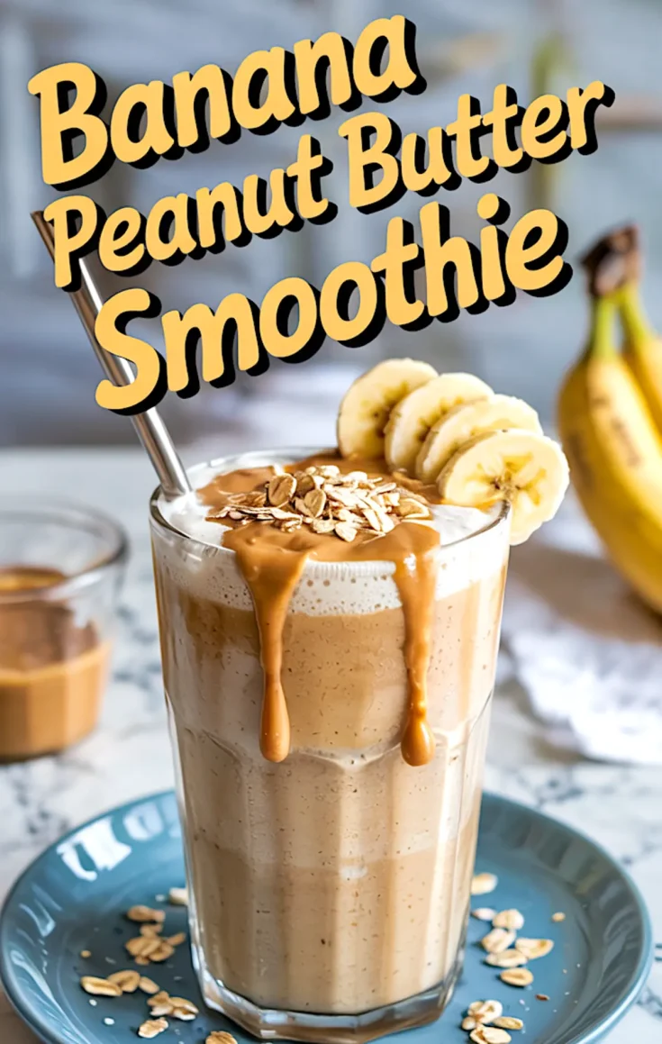 Glass of banana peanut butter smoothie topped with oats, sliced bananas, and drizzled peanut butter, served with a metal straw on a blue plate, with bananas and peanut butter in the background.