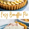 Collage showing a whole banoffee pie and a sliced piece, both topped with banana slices and whipped cream, labeled “Easy Banoffee Pie” for recipe promotion.