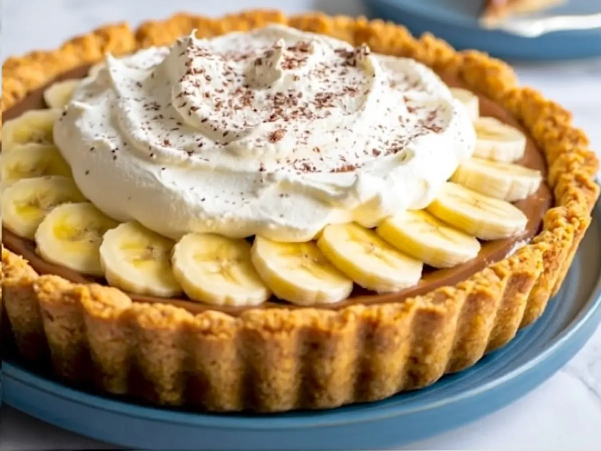 Fully assembled banoffee pie topped with whipped cream, banana slices, and chocolate shavings on a blue plate, ideal for dessert inspiration.