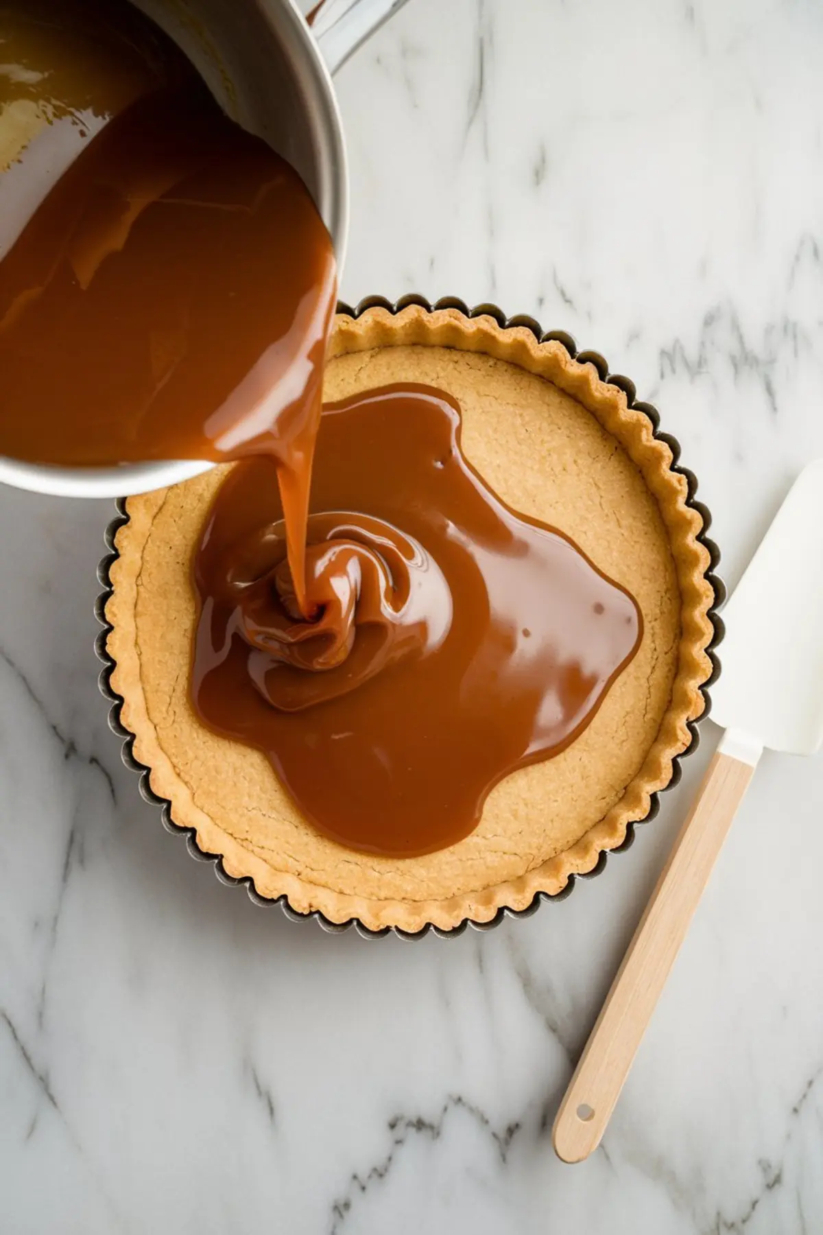  Warm caramel sauce being poured from a saucepan into a baked tart crust, highlighting a key step in making banoffee pie or caramel tart.