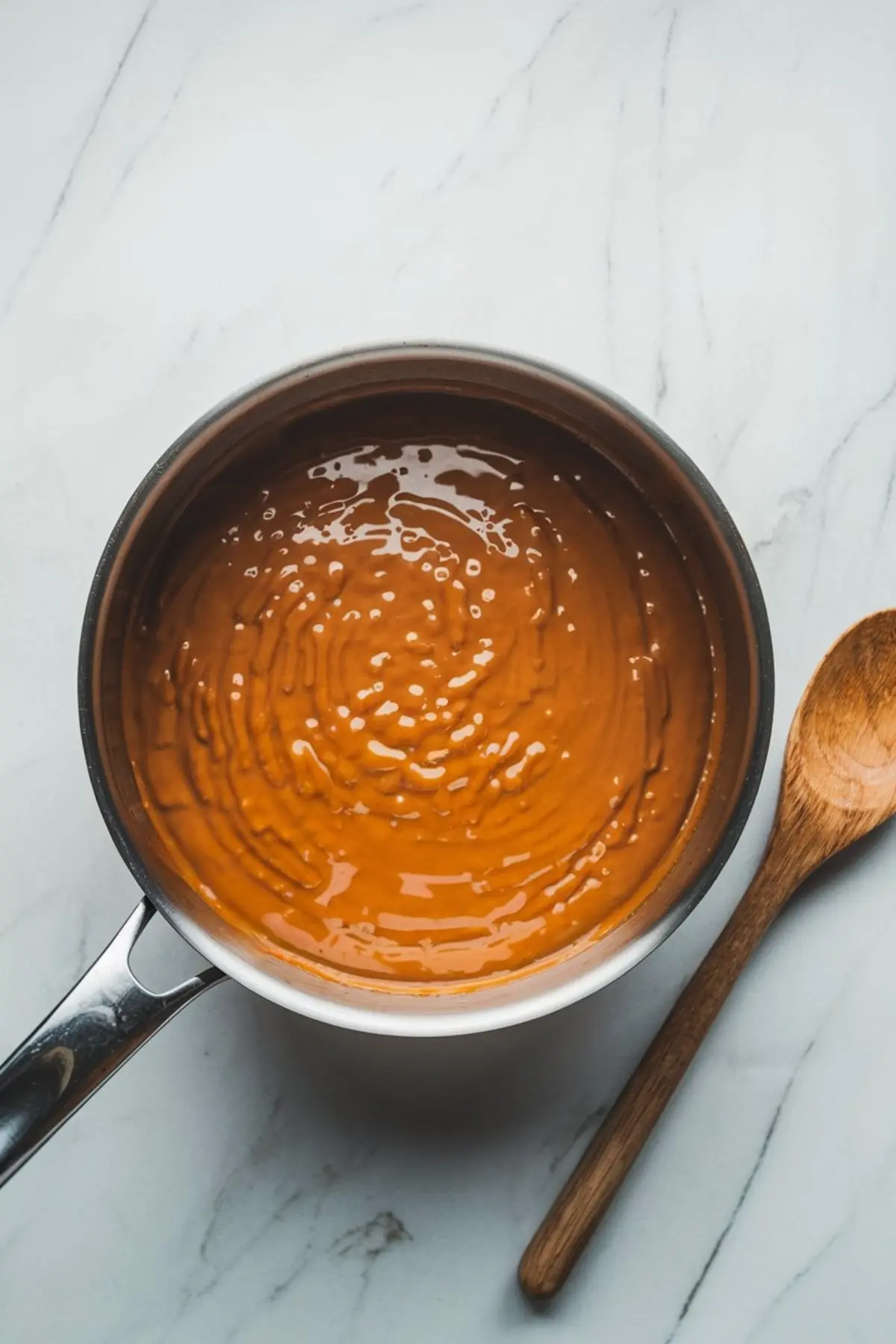 Freshly cooked thick caramel toffee sauce in a saucepan with a wooden spoon beside it, ideal for dessert recipes like banoffee pie or caramel pudding.
