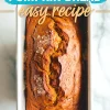 Overhead view of pumpkin bread in a loaf pan topped with coarse sugar, labeled “Pumpkin Bread Easy Recipe” with rustic style text overlay.