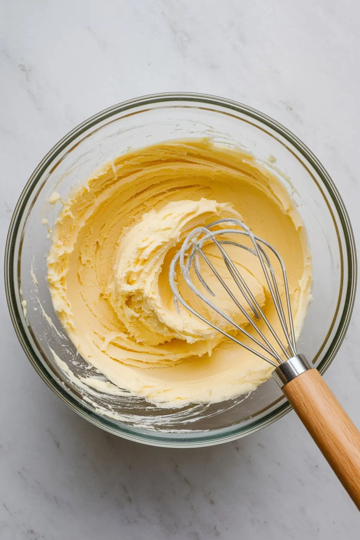 Clear glass bowl filled with sifted flour, ready for baking, with a metal whisk resting inside. The ingredients are part of preparing a birthday cake for husband or bento cake for boyfriend.
