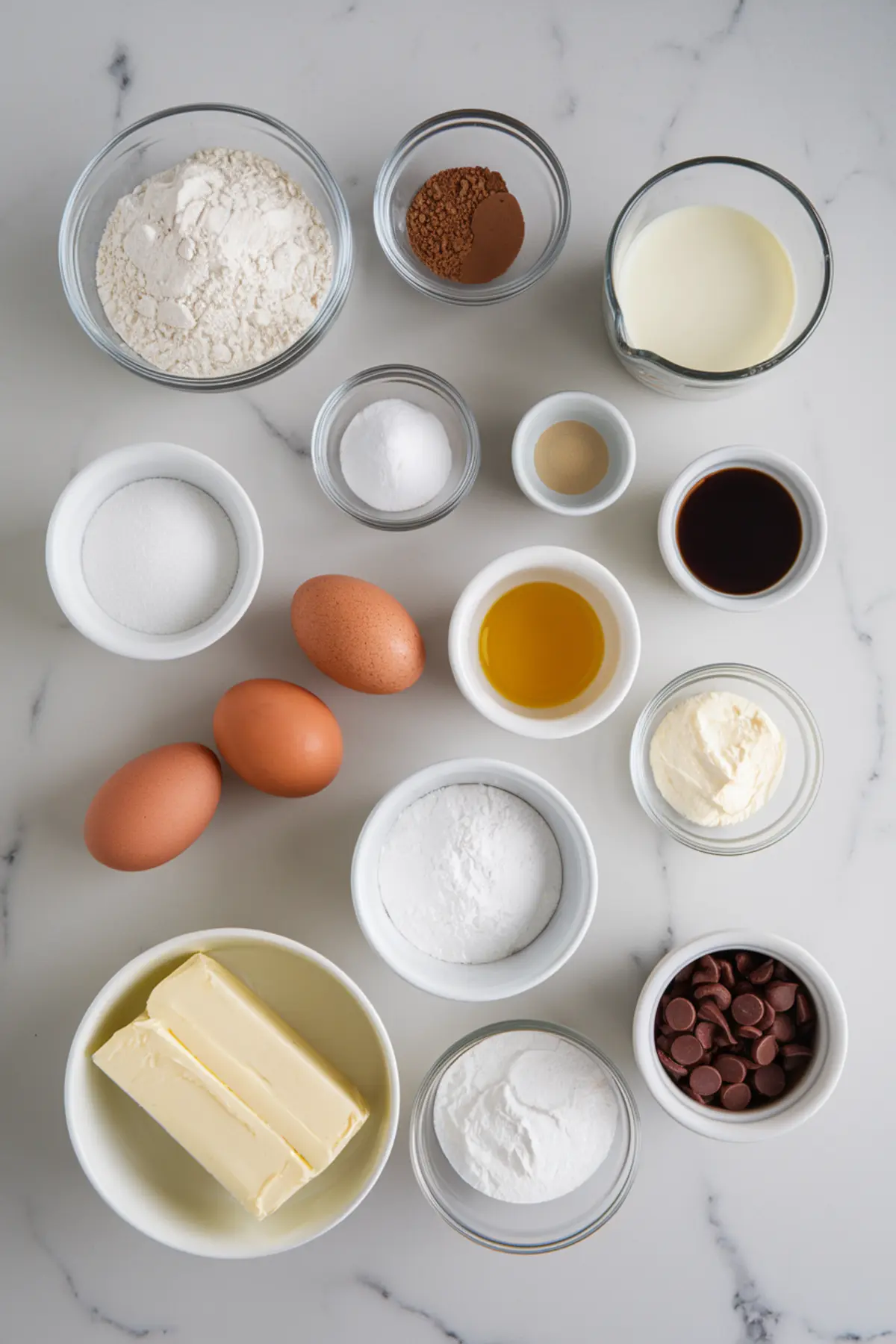 A flat lay of chocolate cake ingredients includes flour, cocoa powder, sugar, eggs, butter, baking soda, baking powder, sour cream, chocolate chips, oil, milk, and vanilla extract on a white countertop.