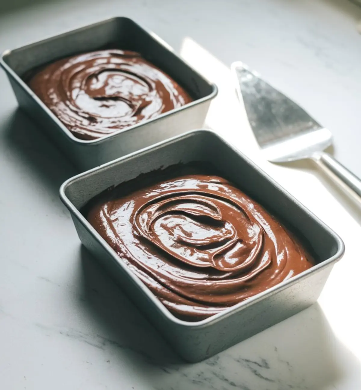 Two square baking pans are filled with smooth chocolate cake batter, placed on a marble surface beside a cake spatula, ready for baking.