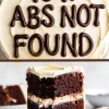 A collage image showing a close-up of a round chocolate cake with “404: ABS NOT FOUND” written in bold chocolate lettering on mocha frosting, and a slice of the cake on a plate below.