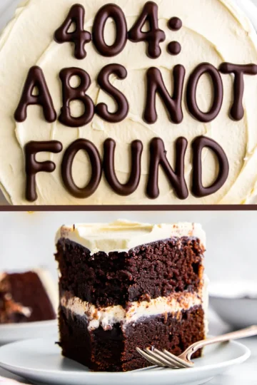 A collage image showing a close-up of a round chocolate cake with “404: ABS NOT FOUND” written in bold chocolate lettering on mocha frosting, and a slice of the cake on a plate below.