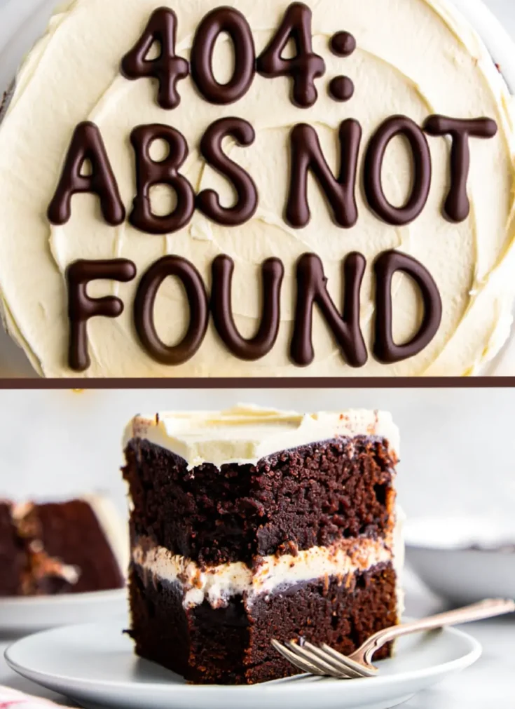 A collage image showing a close-up of a round chocolate cake with “404: ABS NOT FOUND” written in bold chocolate lettering on mocha frosting, and a slice of the cake on a plate below.