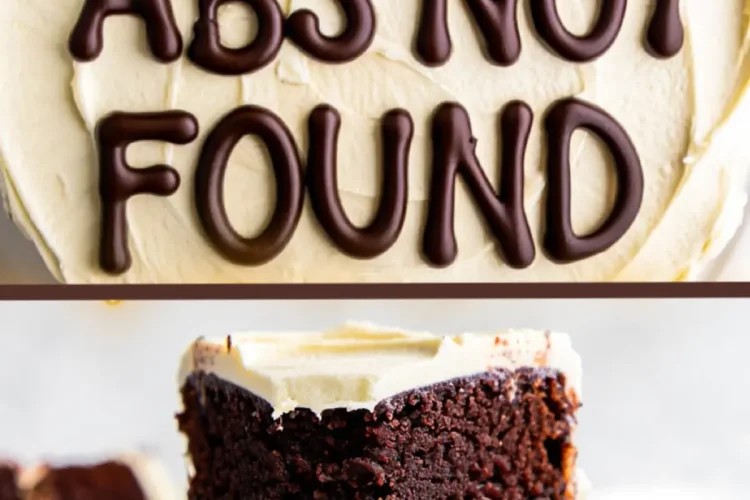 A collage image showing a close-up of a round chocolate cake with “404: ABS NOT FOUND” written in bold chocolate lettering on mocha frosting, and a slice of the cake on a plate below.