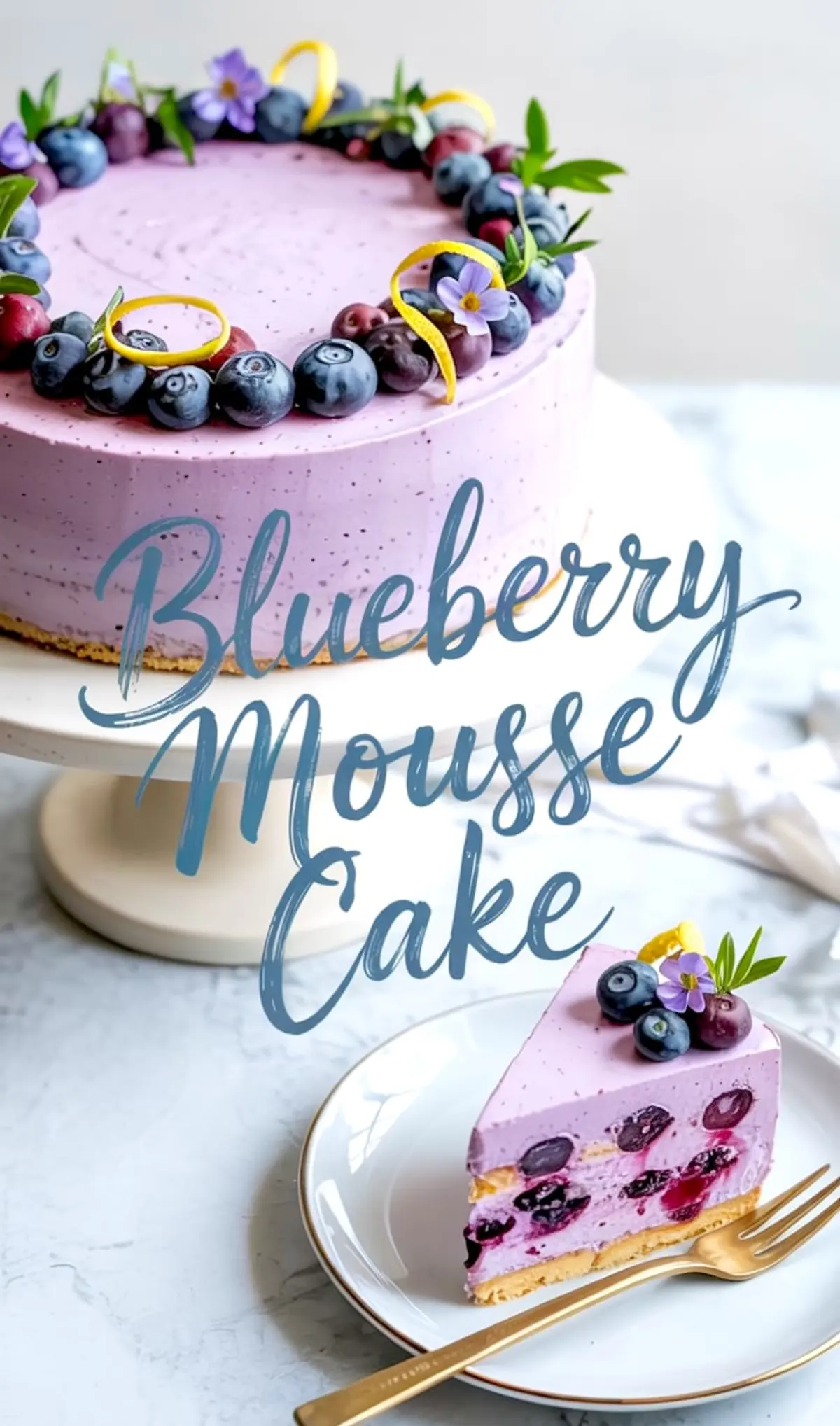 Purple blueberry mousse cake on a white cake stand, topped with fresh blueberries, lemon peel curls, and edible flowers, with a single slice served on a plate showing blueberry layers and cookie crust.
