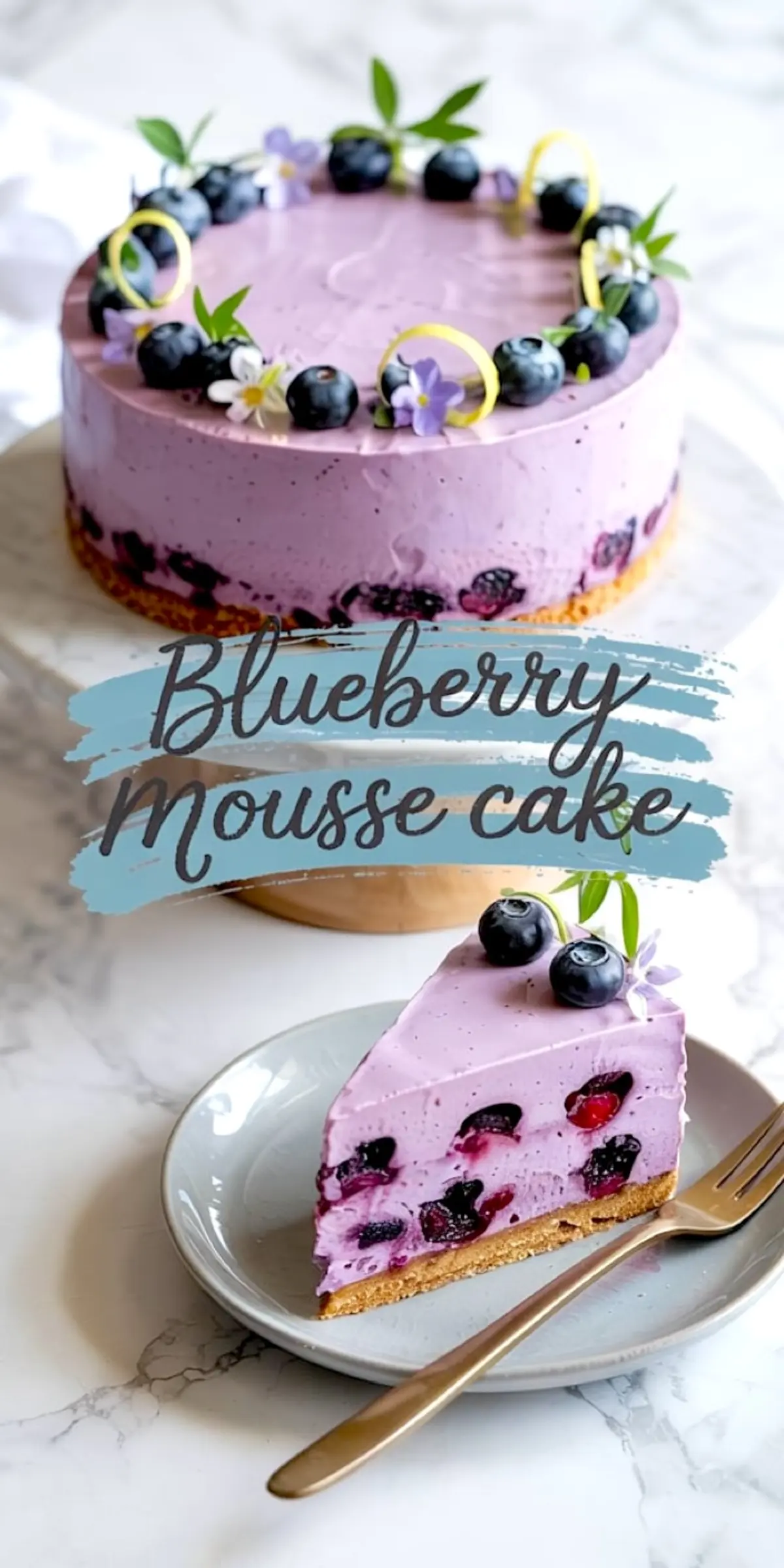 Lavender blueberry mousse cake decorated with whole blueberries, lemon zest spirals, and violet flowers, served with a plated slice showing berry-studded filling and biscuit base.