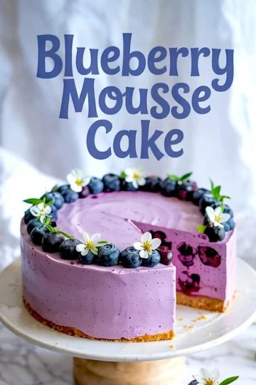 Blueberry mousse cake with a slice removed, showcasing a creamy purple mousse layer filled with whole blueberries, topped with fresh blueberries and white flowers on a golden crust.